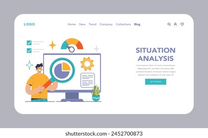 Situation Analysis concept. Man scrutinizes pie chart on monitor, gears churn, checklist in play. In-depth data dive, real-time metrics, informed decisions. Flat vector illustration