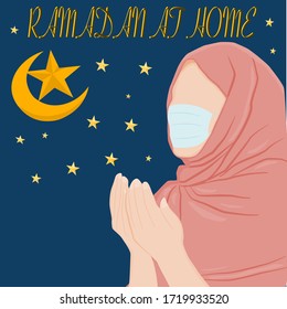 Situation of coronavirus Muslim people pray Ramadan Kareem at home and wearing mask for protect and safe from coronavirus.vector illustration.