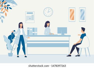 Situation In Hospital Hall At Reception Desk Cartoon. Man Visitor Sitting On Chair Talks To Clinic Administrator. Doctor Therapist Calls Speaking Patient For Physical Examination. Vector Illustration