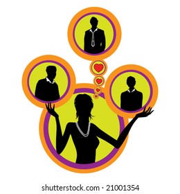 Situation in love relations (a love triangle) vector illustration