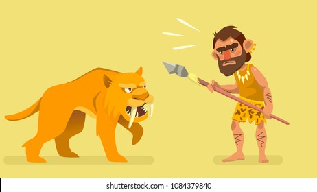 situation meeting primitive hunter and saber-toothed tiger. illustration for kids book. vector