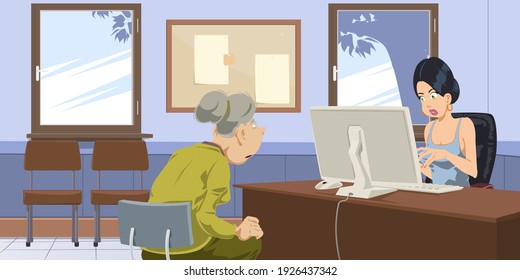 Situation In Office. Scene In Institution. Elderly Woman At Reception. Illustration Concept For Website And Mobile Website Development.