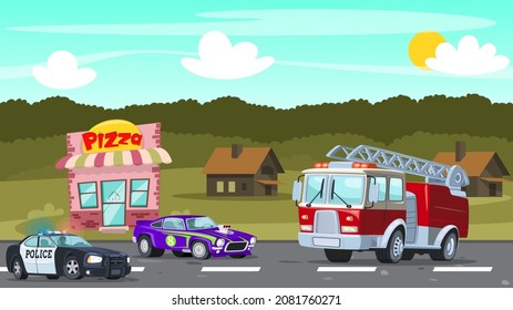 The situation on the provincial highway. A police car is chasing a street racer as a fire truck drives to their meeting. Rural landscape with illegal races. Cartoon illustration.