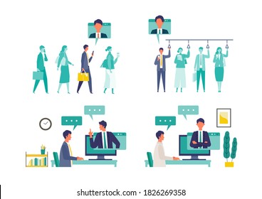 Situation Of Telecommuting Work In The New Normal Lifestyles. Flat Design Vector Illustration Of Teleworking People. Concept For Teleworking.