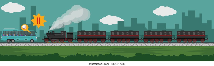 The situation will crash of a bus with many people. With a steam train with a long train on a freight train. Shadow backdrop of a large city.