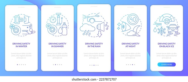 Situational driving safety blue gradient onboarding mobile app screen. Walkthrough 5 steps graphic instructions with linear concepts. UI, UX, GUI template. Myriad Pro-Bold, Regular fonts used