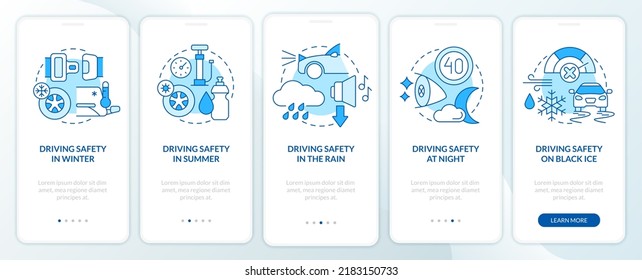 Situational Driving Safety Blue Onboarding Mobile App Screen. Walkthrough 5 Steps Editable Graphic Instructions With Linear Concepts. UI, UX, GUI Template. Myriad Pro-Bold, Regular Fonts Used