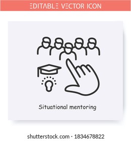 Situational mentoring line icon.Educational performance. Objective mentoring. Guidance consulting in business, finance or management. Graduation ceremony. Isolated vector illustration.Editable stroke 
