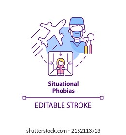 Situational phobias concept icon. Anxiety disorder. Specific phobias abstract idea thin line illustration. Isolated outline drawing. Editable stroke. Arial, Myriad Pro-Bold fonts used