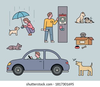 Situations Of Abandoned Dogs. Throwing It In A Box, Running Away In A Car, Getting Sick, And Putting A Missing Poster On The Pole. Flat Design Style Minimal Vector Illustration.