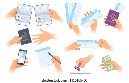A situations in the airport   customs control zone  A hands holding passport  mobile boarding pass  A man writes customs declaration  Flat vector concept illustrations isolated white background 
