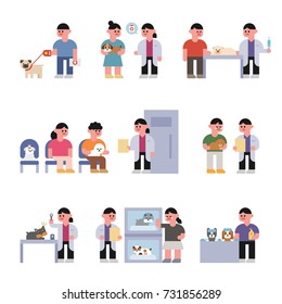 Situations in Animal Hospitals Veterinarians, Patients and Pets character vector illustration flat design