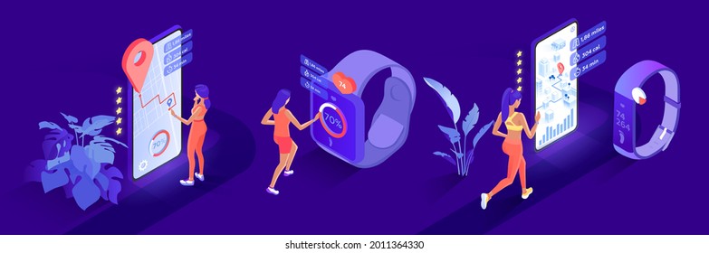 Situations Set, Treadmill, Running And Sports App, Fitness Bracelet And Fitness Watch, Smart Watch. Search For A Place On The Map, Statistics And Tracking Options. Vector Isometry