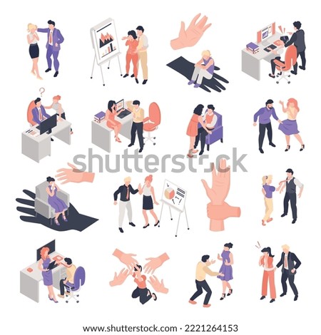 Situations of sexual harassment and abuse between men and women in workplace isometric set isolated 3d vector illustration