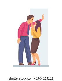 Situations Of Sexual Harassment - Employee In Office Man Harasses Woman Blocks Path Holding Her At Edge Of Wall. Violence And Coercion At Work, Abusive Behavior, Sexism Discrimantion Cartoon Vector