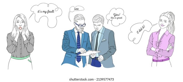 Situations at work, different emotions of specialists. Joyful employees and distressed. Vector illustration with corturs and fills. Each element is separate.