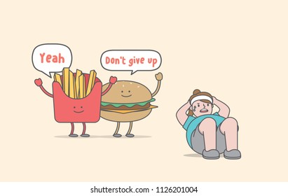 Sit-up exercise for weight loss (junk food & fat woman character) illustration vector on yellow background. Exercise concept.