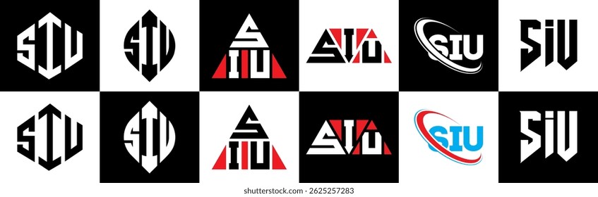 SIU letter logo design in six style. SIU polygon, circle, triangle, hexagon, flat and simple style with black and white color variation letter logo set in one artboard. SIU minimalist and classic logo