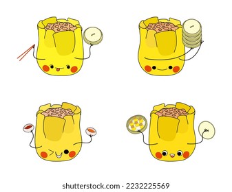 Los caracteres de volcado al vapor de Siu mai dim sum muestran la ilustración vectorial. Cuatro shumai sonrieron con palillos, salsas y vapor de bambú en las manos. Comida tradicional china