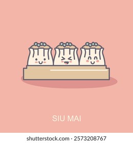 Siu Mai or Shumai, Chinese steamed dumplings. Siu Mai is Chinese food. Flat kawaii vector icon