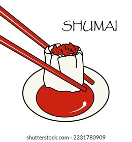 Siu mai steamed dumpling in soy sauce vector illustration. Shumai in chopsticks isolated on white background. Poster with traditional Chinese food. Flat style