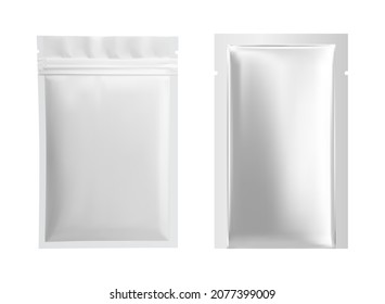 Siver pouch. Mask sheet foil package. silver plastic sachet mockup sample. Facial skin mask packaging design. Food zipper bag template, aluminum paper wrapper