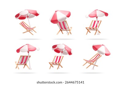 Six 3d beach chairs with red and white striped umbrella from different angles isolated on white background. Summertime vacation illustration.