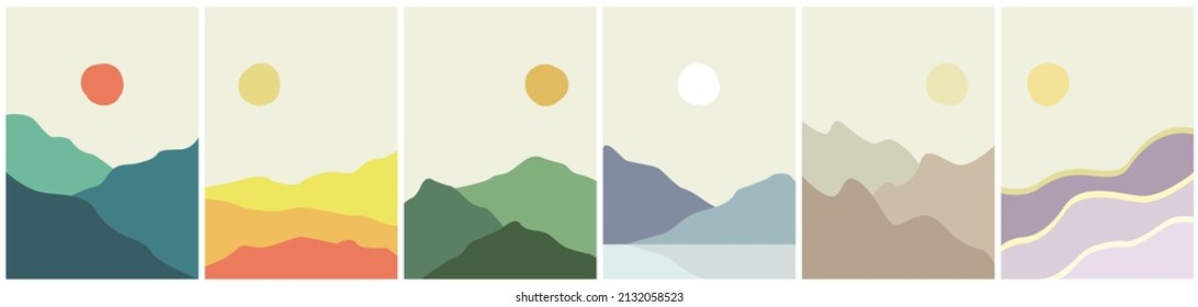 Six 6 abstract flat design background collection. Contemporary aesthetic vector illustration. Mountain and hill lanscape with vintage color tone. For book cover, poster, banner, brochure, flyer.