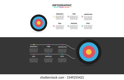 	
Six 6 Options infographic with shot target icon. step chart workflow  element Plan Slide Template with isolated background theme