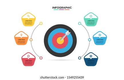 	
Six 6 Options infographic with shot target icon. step chart workflow  element Plan Slide Template with isolated background theme