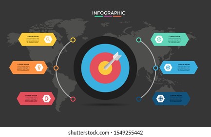 	
Six 6 Options infographic with shot target icon. step chart workflow  element Plan Slide Template with isolated background theme