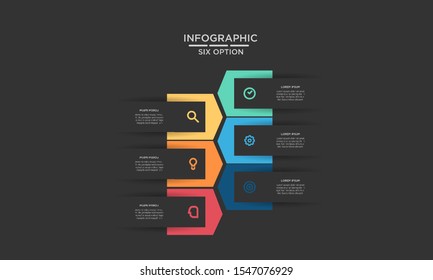 	
Six 6 Options infographic step chart workflow  element Plan Slide Template with dark black background theme