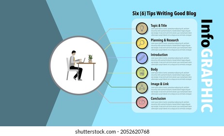 Sechs (6) Tipps zum Schreiben guter Web-Blogging-Infografik auf blauem Hintergrund, Symbol, flache Vektorgrafik
