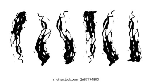 Seis borrifadores de tinta preta abstratos e gotejos organizados verticalmente contra um fundo branco, criando um efeito dinâmico e texturizado.