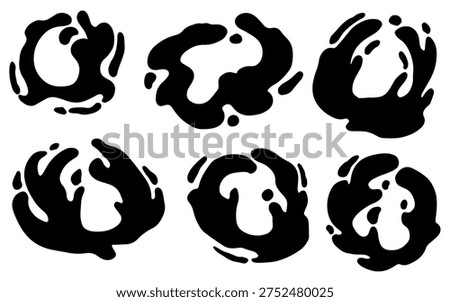 Six abstract black and white ink blots resembling organic shapes and cellular structures.