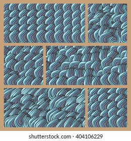 Six abstract blue doodles pattern