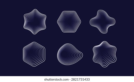 Six abstract geometric forms with concentric contour lines in star, hexagonal, and organic outlines, arranged on a dark blue background for modern design.