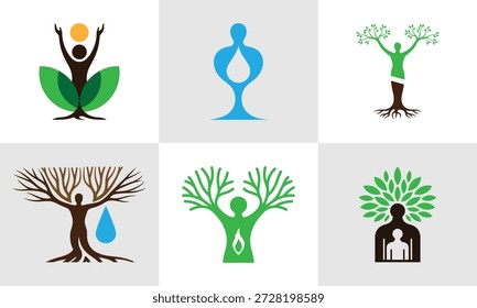 Seis árvore humana abstrata com diferentes cores e estilos silhueta verde
