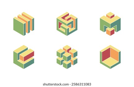 Six abstract isometric cube designs in muted greens, yellows, and reds.  Perfect for tech, architecture, or design projects needing a modern, minimalist, and visually engaging logo or graphic element.