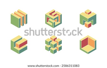 Six abstract isometric cube designs in muted greens, yellows, and reds.  Perfect for tech, architecture, or design projects needing a modern, minimalist, and visually engaging logo or graphic element.