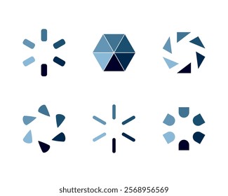 Six abstract loading icons in cool blue tones. Perfect for website design, app interfaces, or presentations needing a modern, minimalist feel.  Versatile and easily adaptable to various projects.