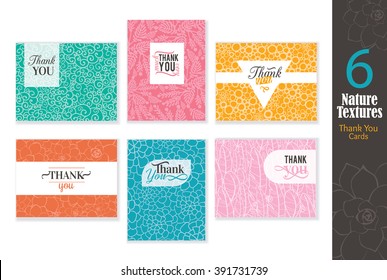 Six abstract natural textures thank you cards set with text design, pattern backgrounds perfect for any ocasion wedding, professional, birthday, aniversary, dinner party, baby shower, 