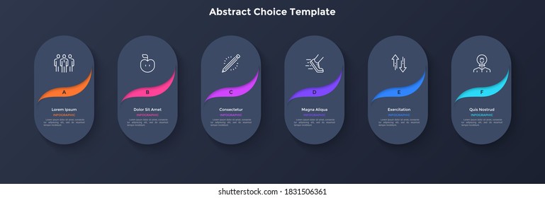 Seis elementos abstractos de papel negro redondeados u ovalados. Concepto de 6 funciones de estrategia de marketing a elegir o seleccionar. Plantilla sencilla de diseño infográfico. Ilustración vectorial moderna plana para presentación.