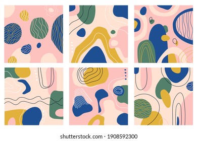 Six abstract patterns with hand drawn elements. Doodle background for card, presentation,banner. Trendy modern colors palette. Mid century art style. Stains, stripes and waves shapes.Covers template.