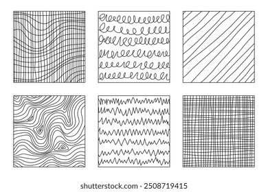 Six abstract patterns hand-drawn with different black lines isolated on a transparent background. Geometric and abstract artistic concept. Vector illustration