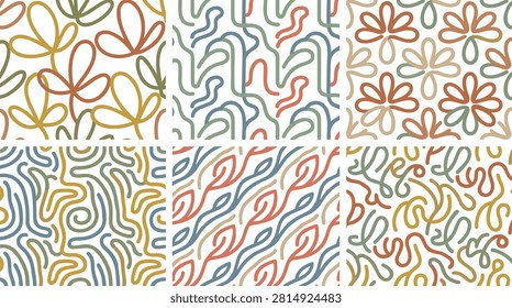 Six abstract seamless vector patterns. This diverse collection features floral-inspired line art, flowing organic shapes, and intricate interwoven patterns, all set against a clean white background for versatile graphic use.