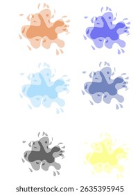 Seis formas abstratas em pares de cores suaves (laranja, roxo, azul, cinza, amarelo) dispostas em uma grade 3x2 sobre um fundo branco, cada uma lembrando gotas fluidas ou bolhas divertidas.
