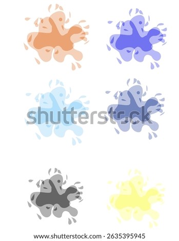 Six abstract splash shapes in pairs of soft colors (orange, purple, blue, gray, yellow) arranged in a 3x2 grid on a white background, each resembling fluid droplets or playful blobs.
