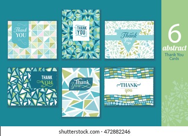 Six Abstract Vintage Thank You Cards Set With Text, Repeat Pattern Backgrounds Perfect For Any Event.