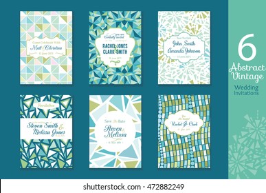 Six Abstract Vintage Wedding Invitations, Save the date cards set with bride and groom names, text, repeat pattern backgrounds perfect for any event.